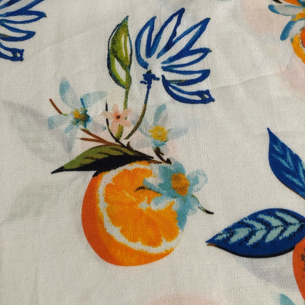 John Mark blouse tunic citrus oranges fruit flowy relaxed white base blue collar - Picture 4 of 12